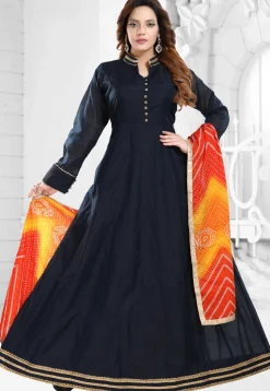 Contrast Trims Chanderi Silk Abaya Style Suit in Navy Blue