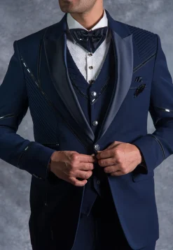Contrast Trims Pure Terry Rayon Tuxedo Set in Navy Blue