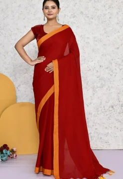 Contrat Border Cotton Saree in Red