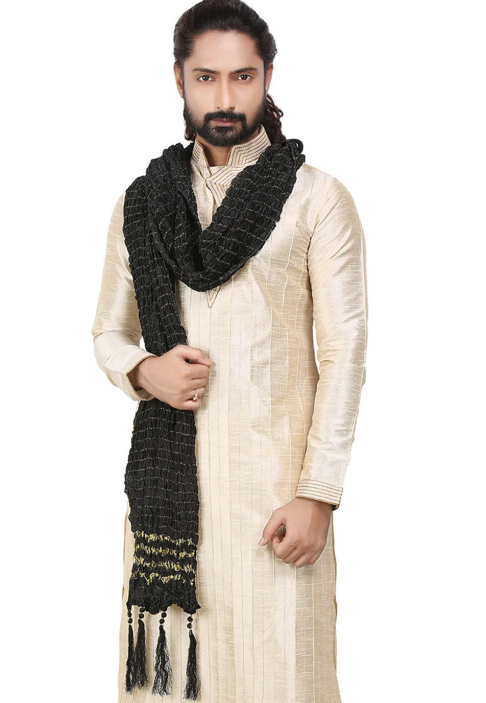 Crushed Art Silk Mens Stole in Black