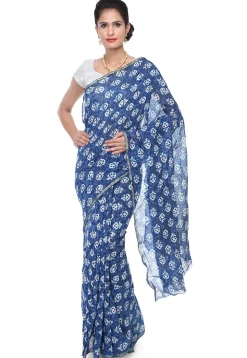 Dabu Printed Chanderi Cotton Saree in Indigo Blue