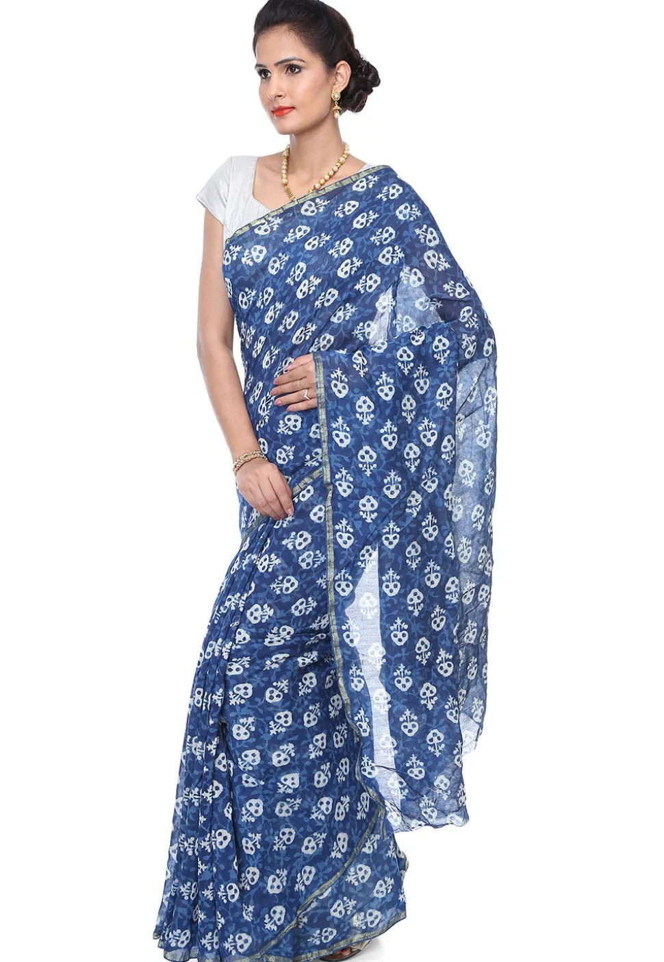 Dabu Printed Chanderi Cotton Saree in Indigo Blue