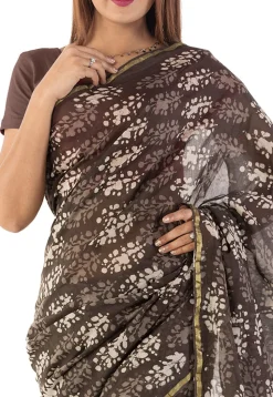 Dabu Printed Chanderi Cotton Saree in Brown