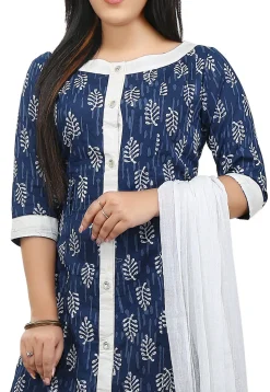 Dabu Printed Cotton A Line Suit in Indigo