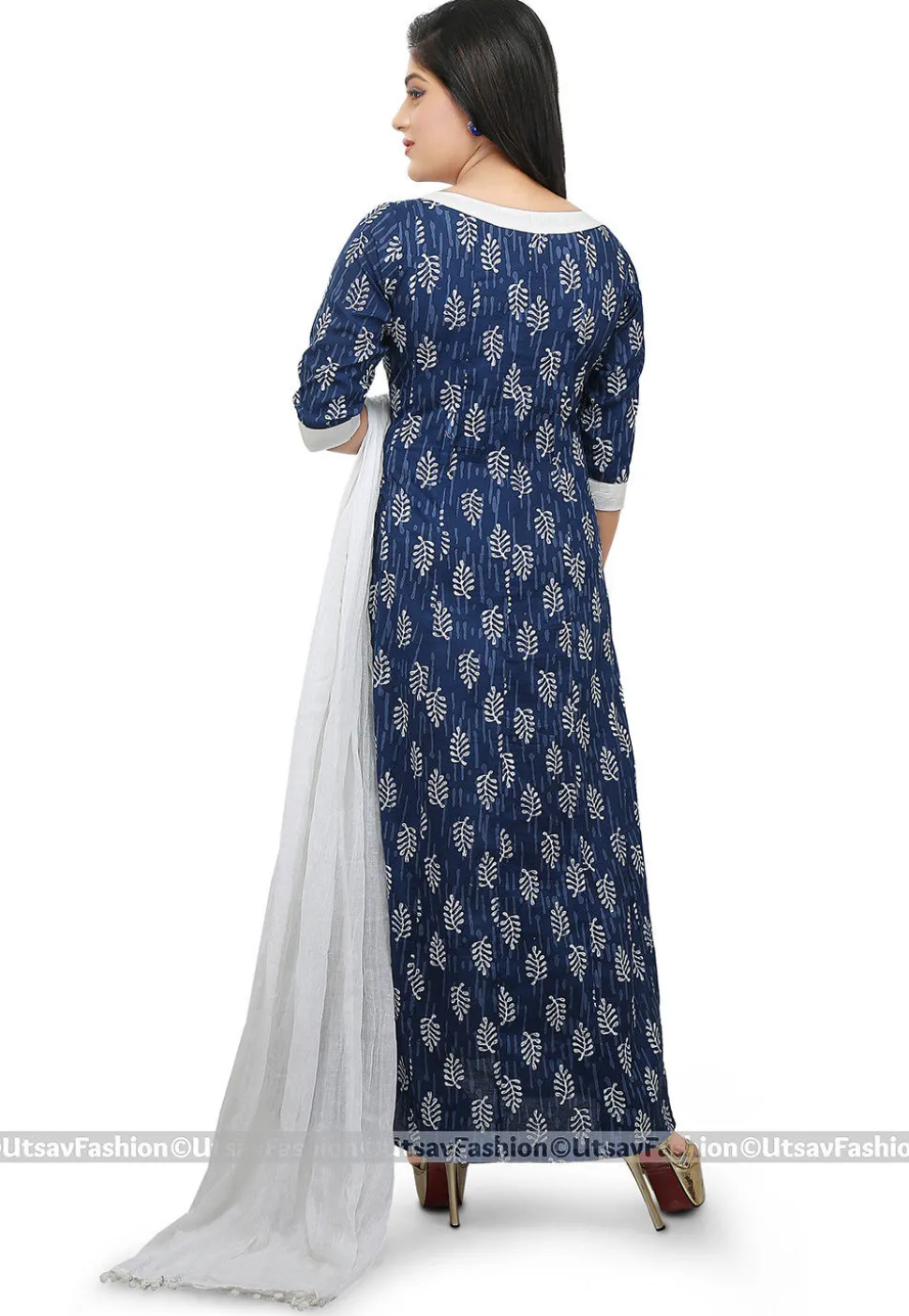 Dabu Printed Cotton A Line Suit in Indigo