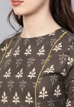 Dabu Printed Cotton A Line Kurta in Brown