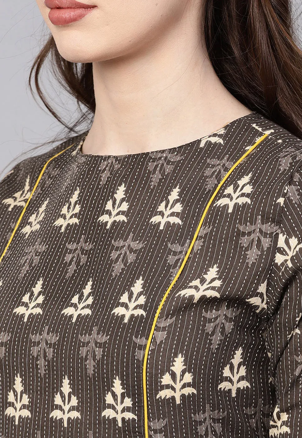 Dabu Printed Cotton A Line Kurta in Brown