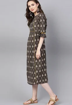 Dabu Printed Cotton A Line Kurta in Brown