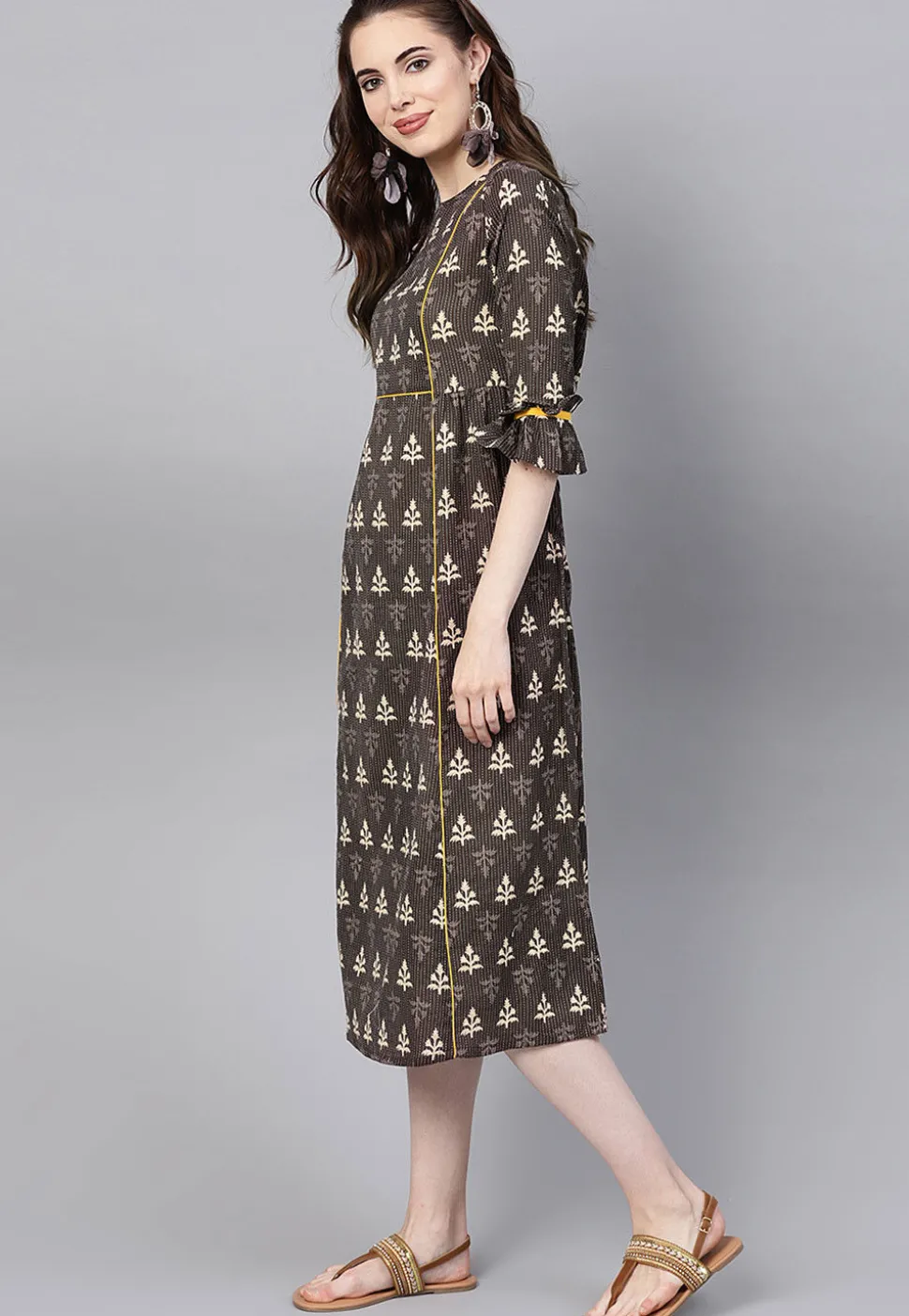 Dabu Printed Cotton A Line Kurta in Brown
