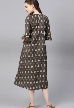 Dabu Printed Cotton A Line Kurta in Brown