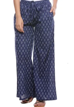 Dabu Printed Cotton Flared Palazzo in Navy Blue