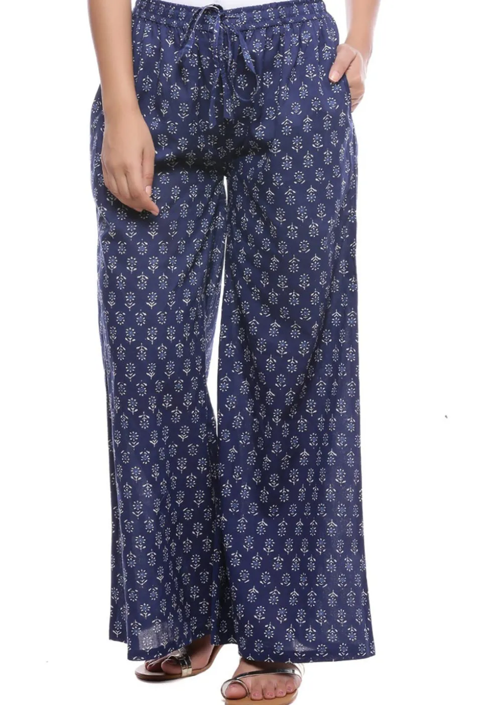 Dabu Printed Cotton Flared Palazzo in Navy Blue