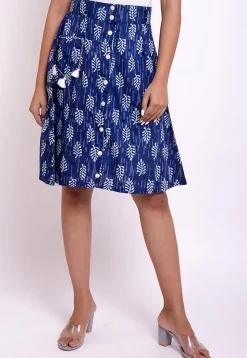 Dabu Printed Cotton Front Open Skirt in Indigo Blue