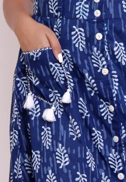 Dabu Printed Cotton Front Open Skirt in Indigo Blue