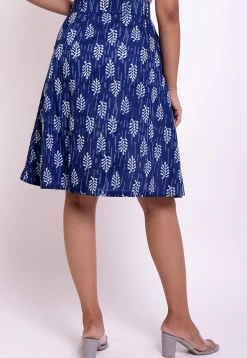 Dabu Printed Cotton Front Open Skirt in Indigo Blue