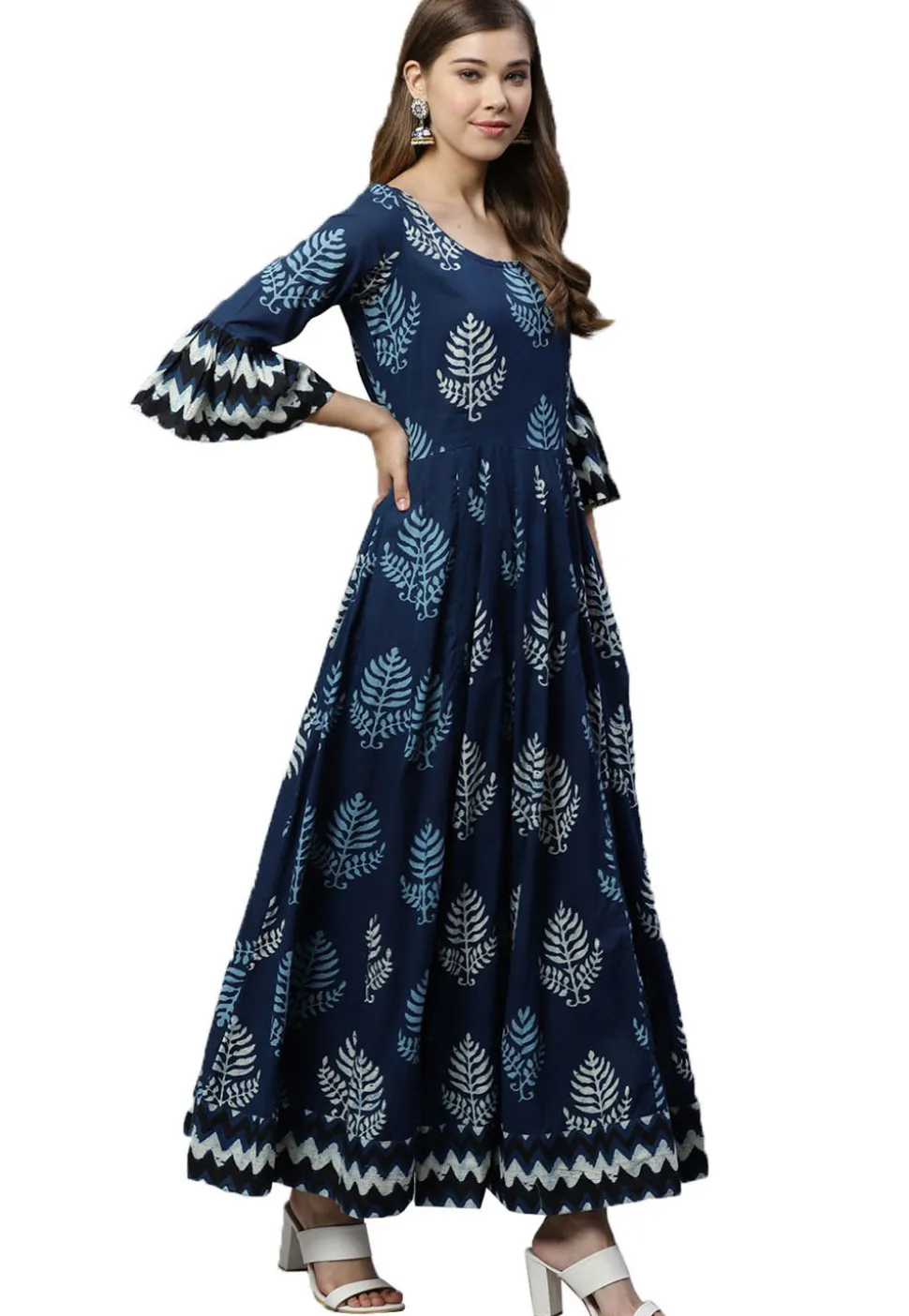 Dabu Printed Cotton Long Kurta in Navy Blue