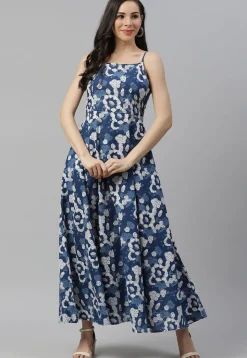 Dabu Printed Cotton Maxi Dress in Dark Blue