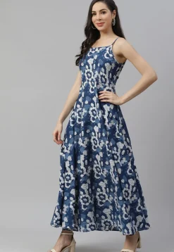 Dabu Printed Cotton Maxi Dress in Dark Blue