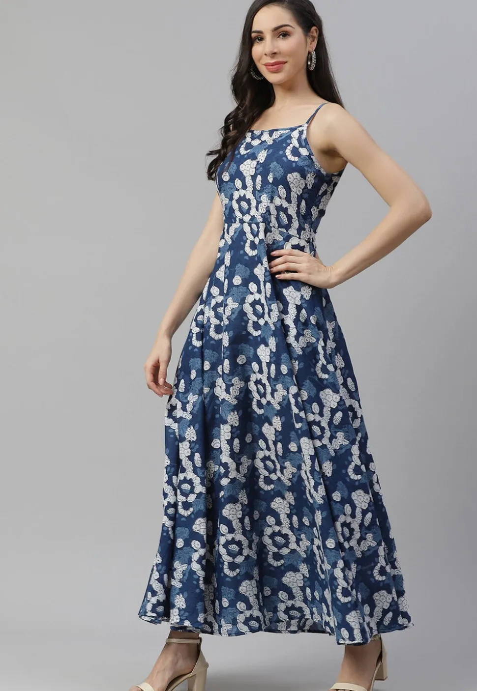 Dabu Printed Cotton Maxi Dress in Dark Blue
