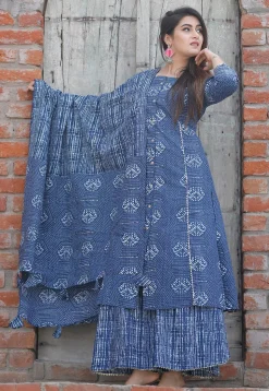Dabu Printed Cotton Pakistani Suit in Indigo Blue