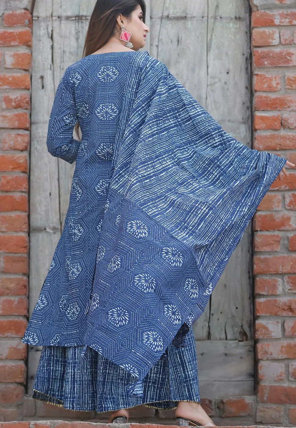 Dabu Printed Cotton Pakistani Suit in Indigo Blue
