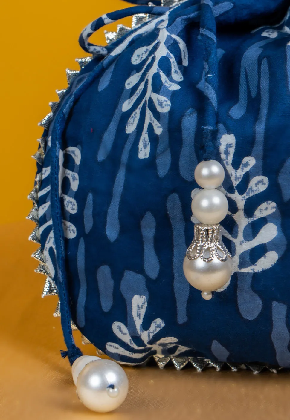Dabu Printed Cotton Potli Bag in Blue
