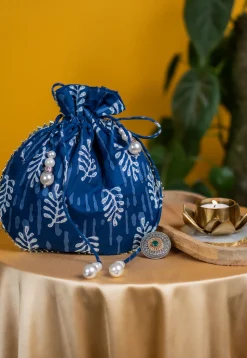 Dabu Printed Cotton Potli Bag in Blue