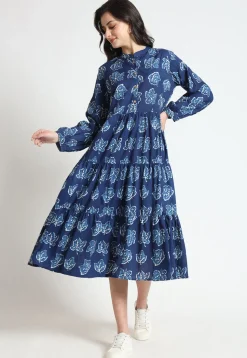 Dabu Printed Pure Cotton Tiered Midi Dress in Navy Blue