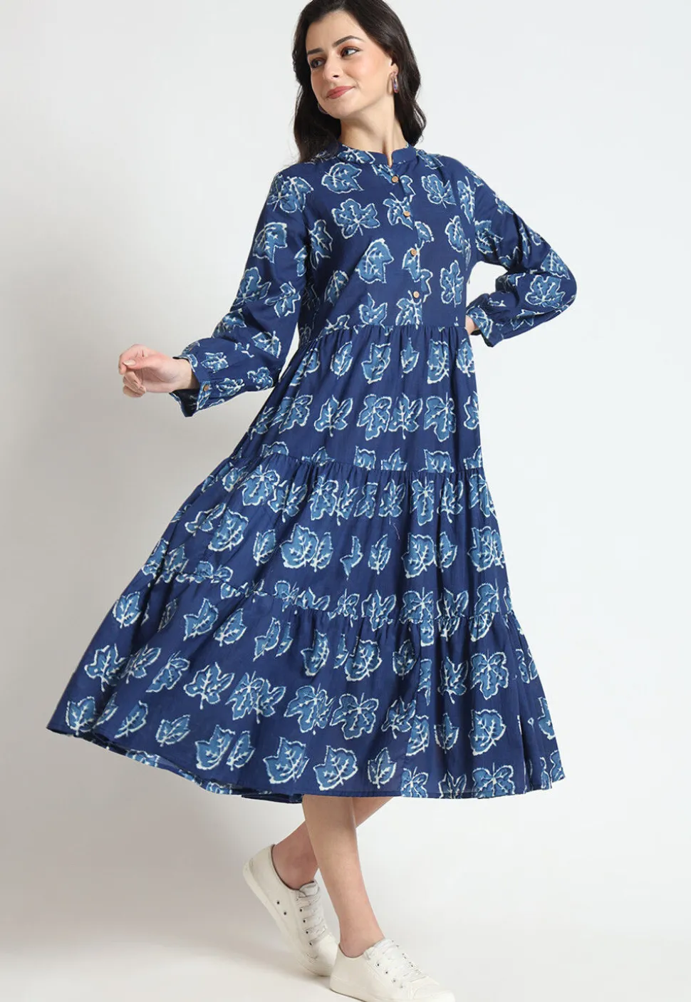 Dabu Printed Pure Cotton Tiered Midi Dress in Navy Blue