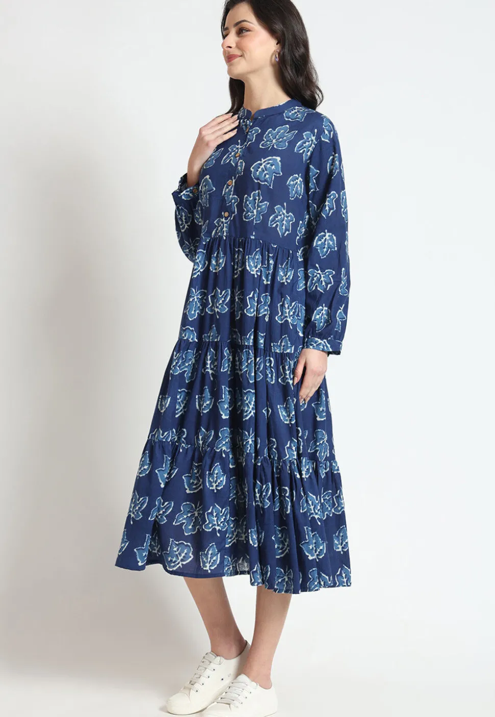 Dabu Printed Pure Cotton Tiered Midi Dress in Navy Blue