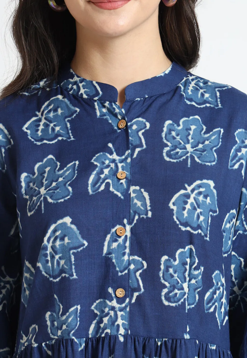 Dabu Printed Pure Cotton Tiered Midi Dress in Navy Blue