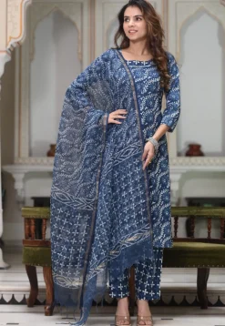 Dabu Printed Pure Cotton Pakistani Suit in Navy Blue