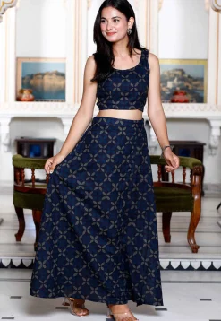 Dabu Printed Pure Cotton Co Ord Set in Navy Blue
