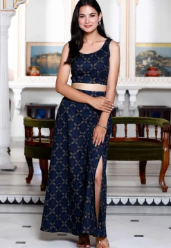 Dabu Printed Pure Cotton Co Ord Set in Navy Blue