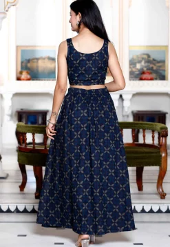 Dabu Printed Pure Cotton Co Ord Set in Navy Blue