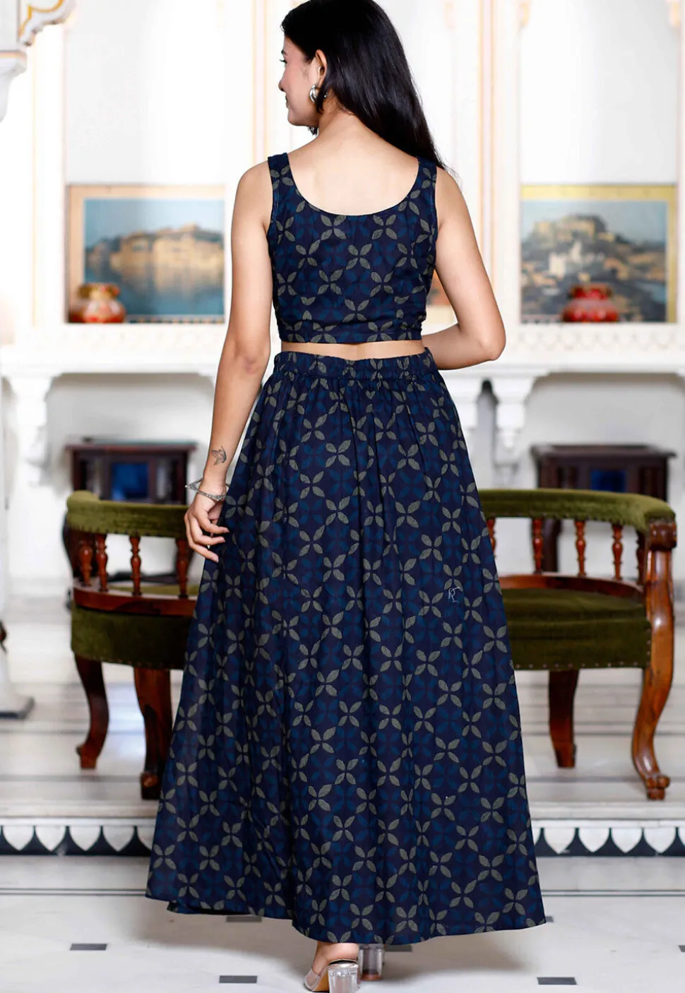 Dabu Printed Pure Cotton Co Ord Set in Navy Blue
