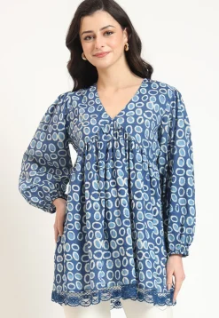 Dabu Printed Pure Cotton Tunic in Blue