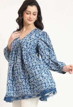 Dabu Printed Pure Cotton Tunic in Blue