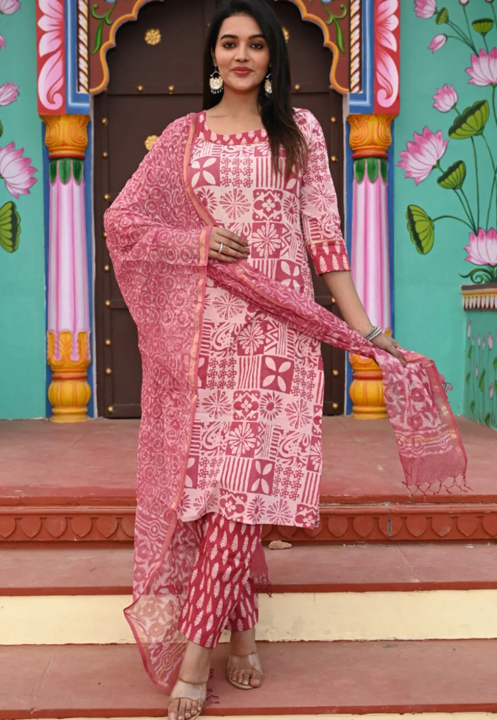 Dabu Printed Pure Cotton Pakistani Suit in Dark Pink