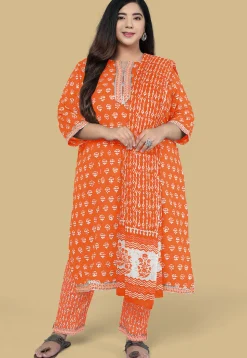 Dabu Printed Pure Cotton Pakistani Suit in Orange