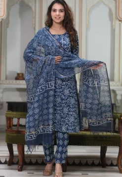 Dabu Printed Pure Cotton Pakistani Suit in Navy Blue