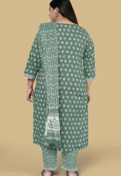 Dabu Printed Pure Cotton Pakistani Suit in Dusty Green