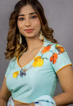 Digital Printed  Art Dupion Silk Blouse in Sky Blue