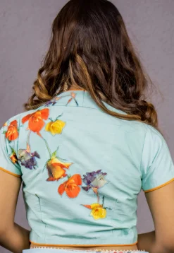 Digital Printed  Art Dupion Silk Blouse in Sky Blue