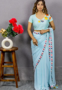 Digital Printed  Art Dupion Silk Blouse in Sky Blue