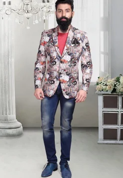 Digital Printed Art Linen Silk Blazer in Cream