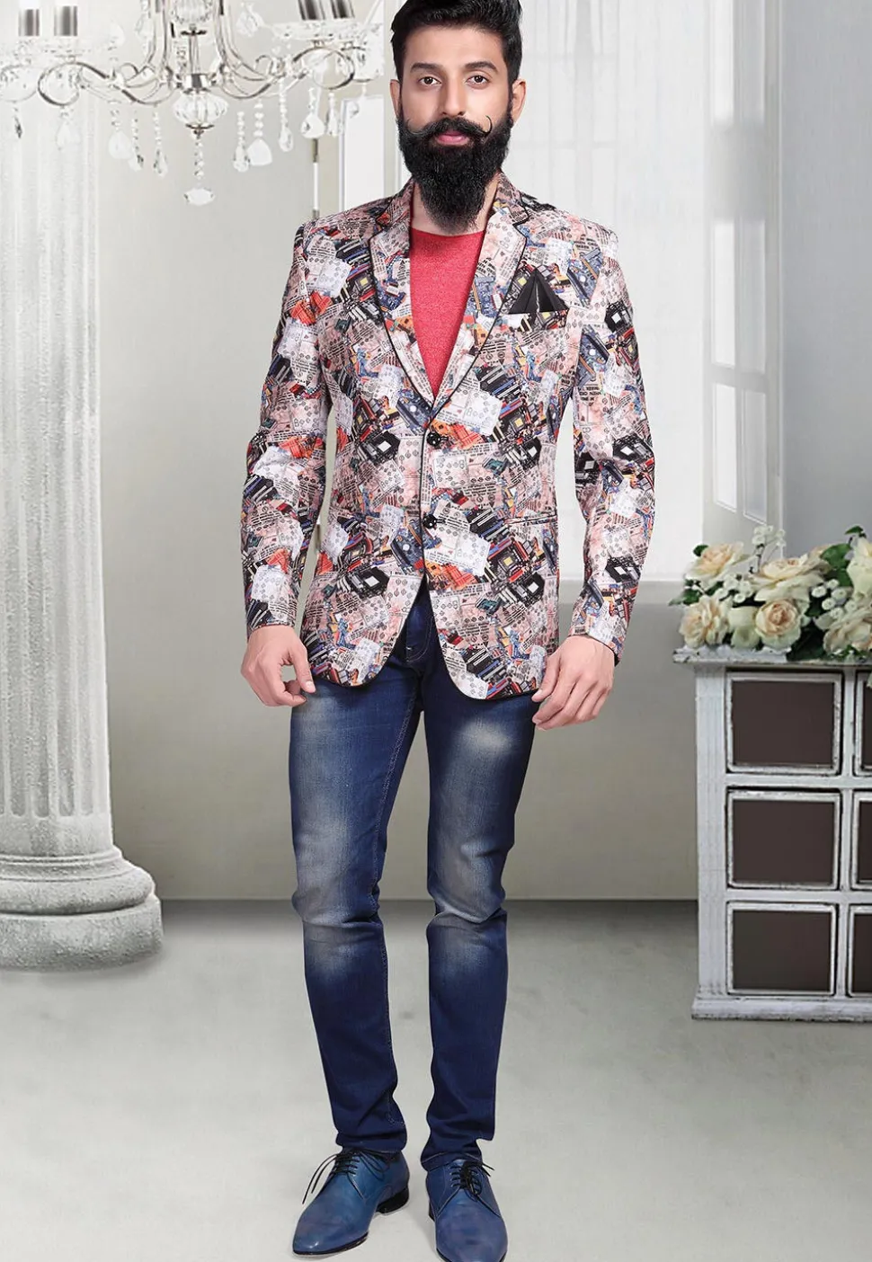 Digital Printed Art Linen Silk Blazer in Cream