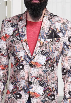 Digital Printed Art Linen Silk Blazer in Cream