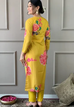Digital Printed Art Muslin Silk Aline Suit in Yellow
