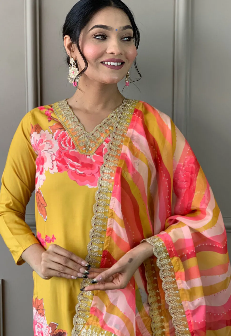 Digital Printed Art Muslin Silk Aline Suit in Yellow